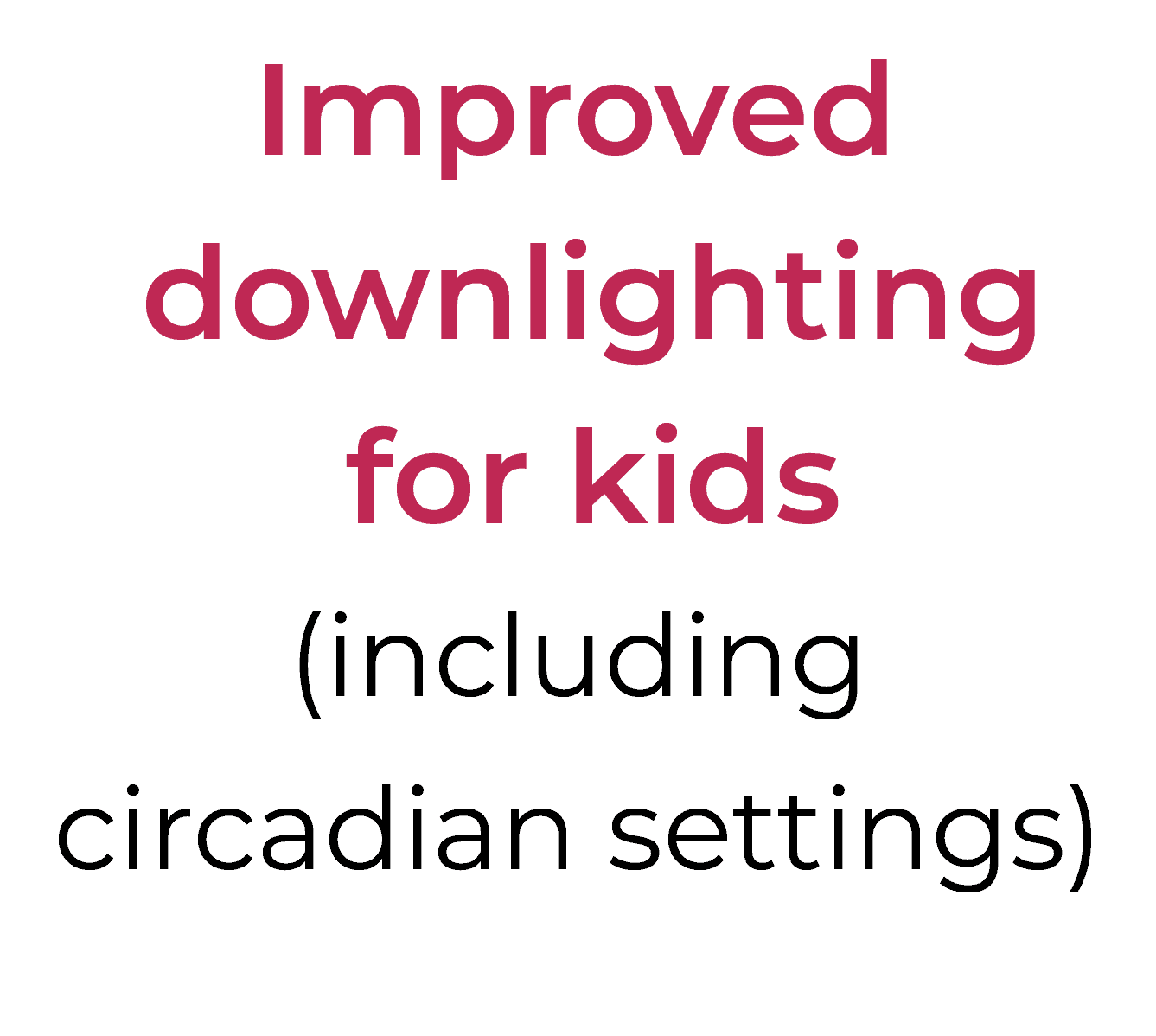 Text that reads "Improved downlighting for kids (including circadian settings)"